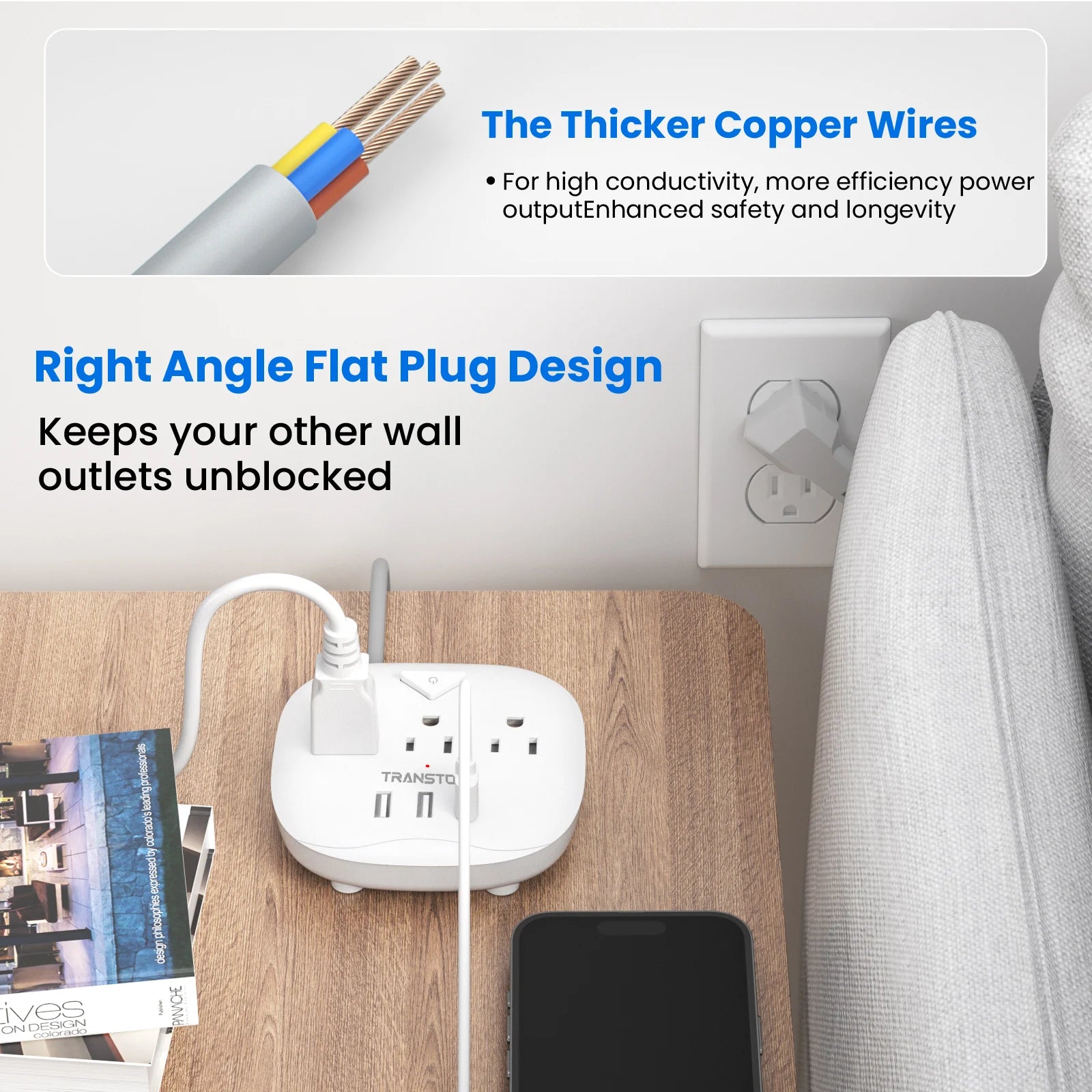TRANSTON power strip with switch 3 power strip 3 USB Ports