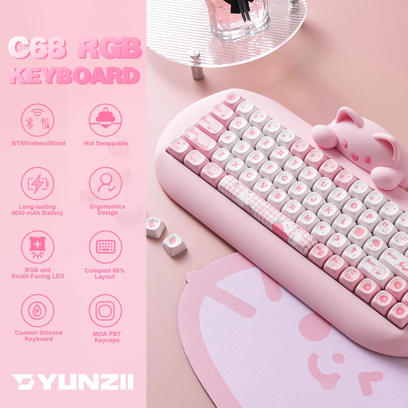 Wireless Gaming Keyboard Hi-Fi Cute Cat Custom RGB Keyboard