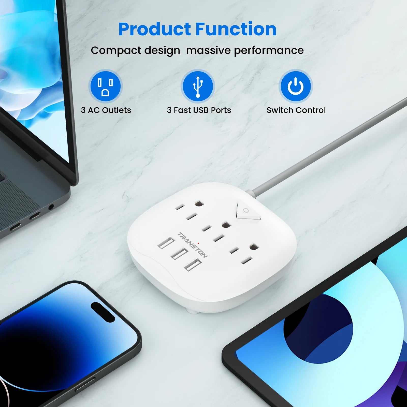 TRANSTON power strip with switch 3 power strip 3 USB Ports