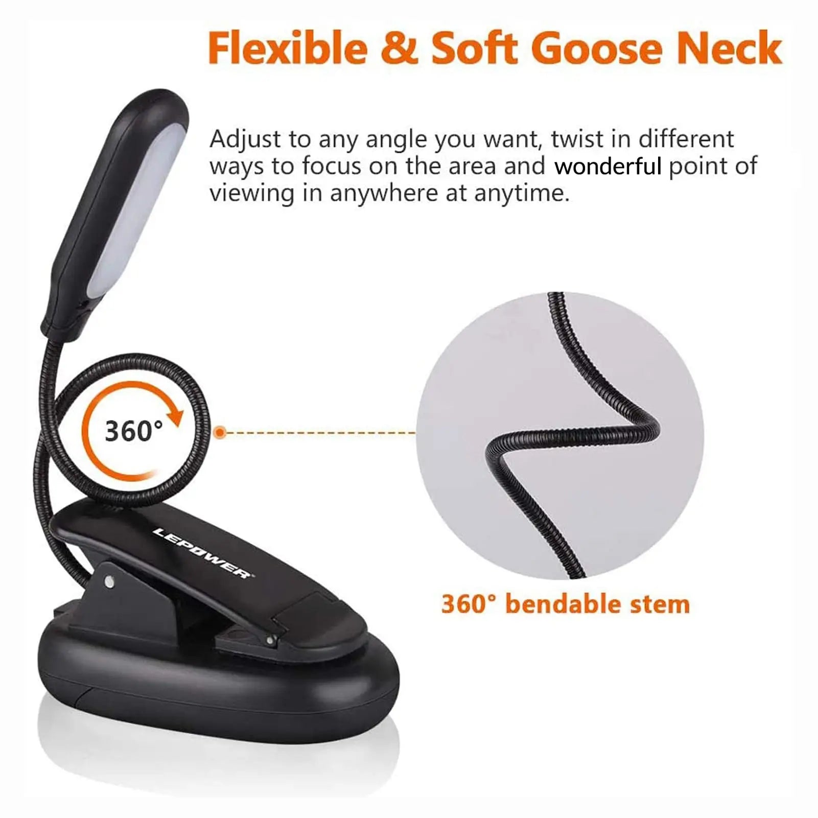 Clip On Reading Light with 5 LED Eye Care - 3 Color Modes
