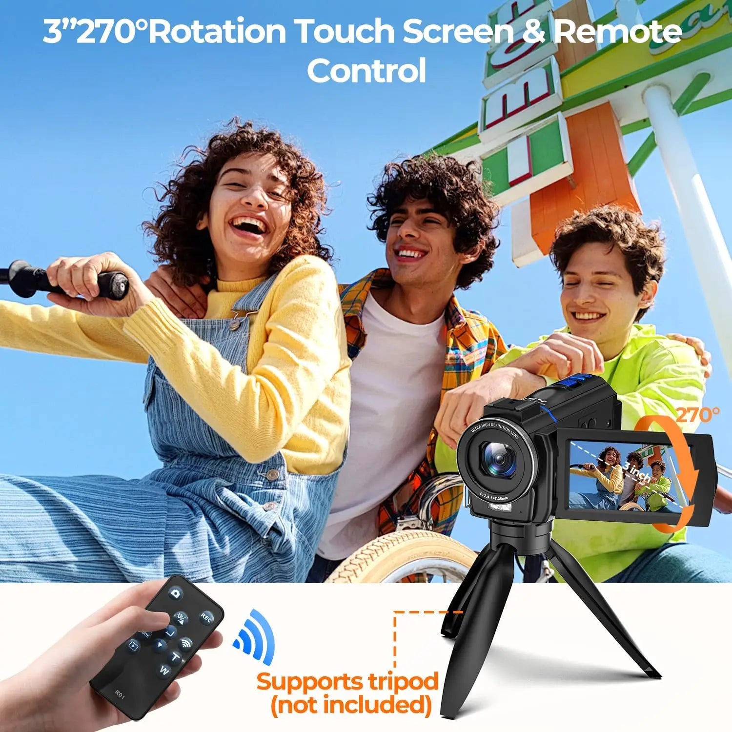 4K 48MP Camcorder Night Vision 16X Zoom, Rotatable Touch Screen