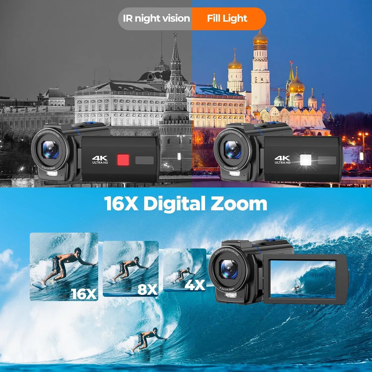 4K 48MP Camcorder Night Vision 16X Zoom, Rotatable Touch Screen