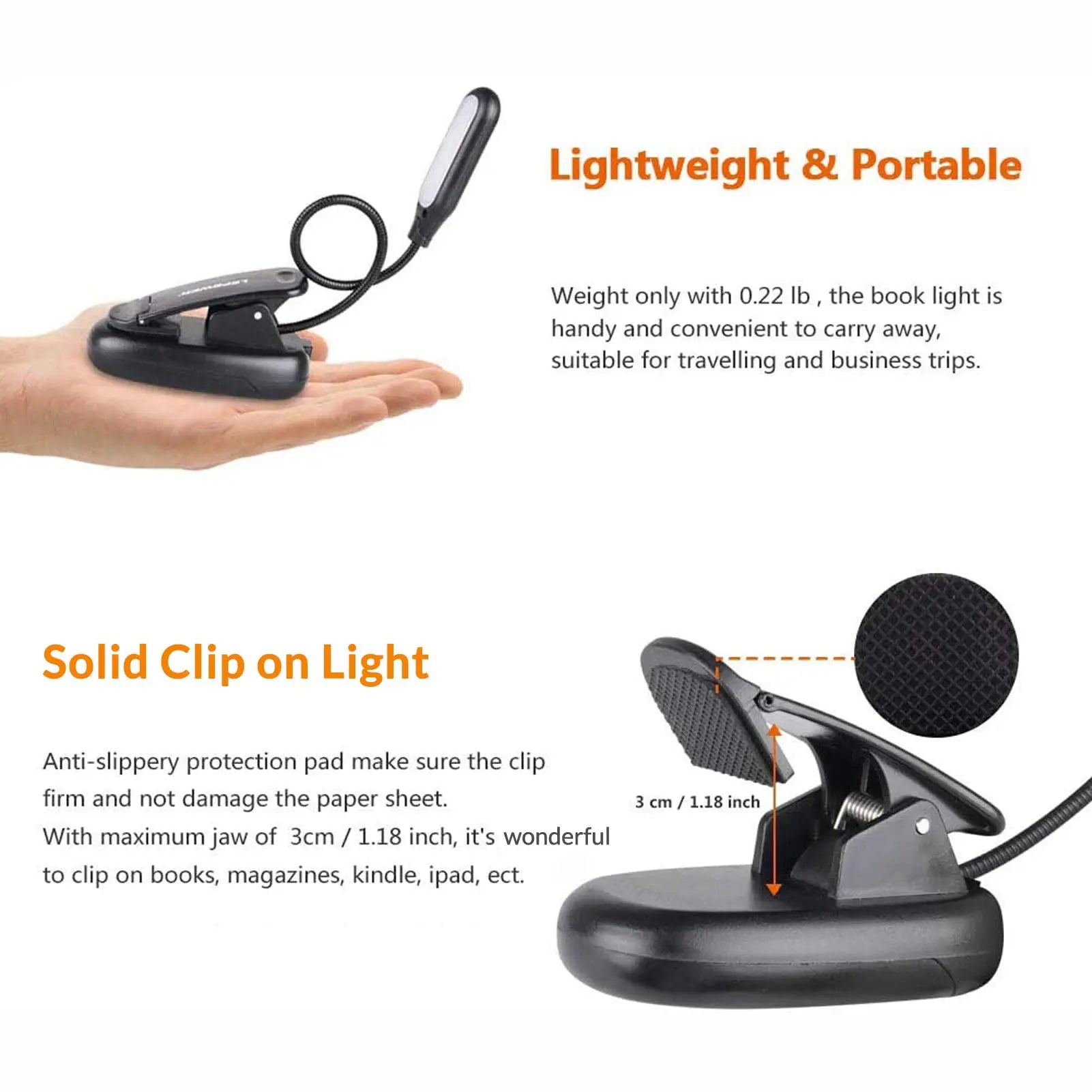 Clip On Reading Light with 5 LED Eye Care - 3 Color Modes