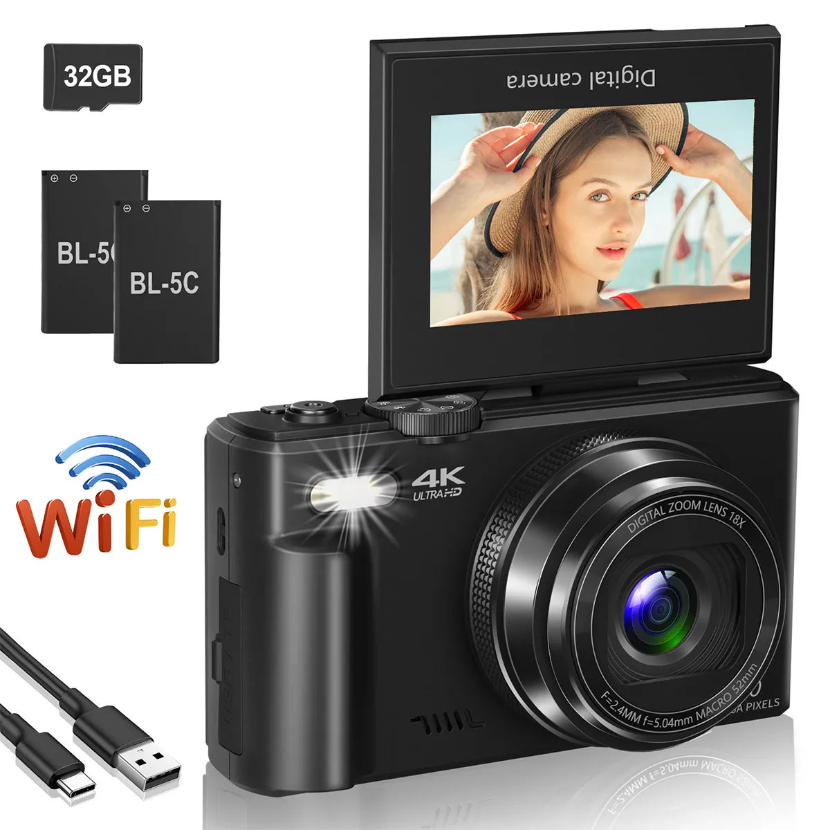 4K compact digital photography camera, 18x zoom video recorder