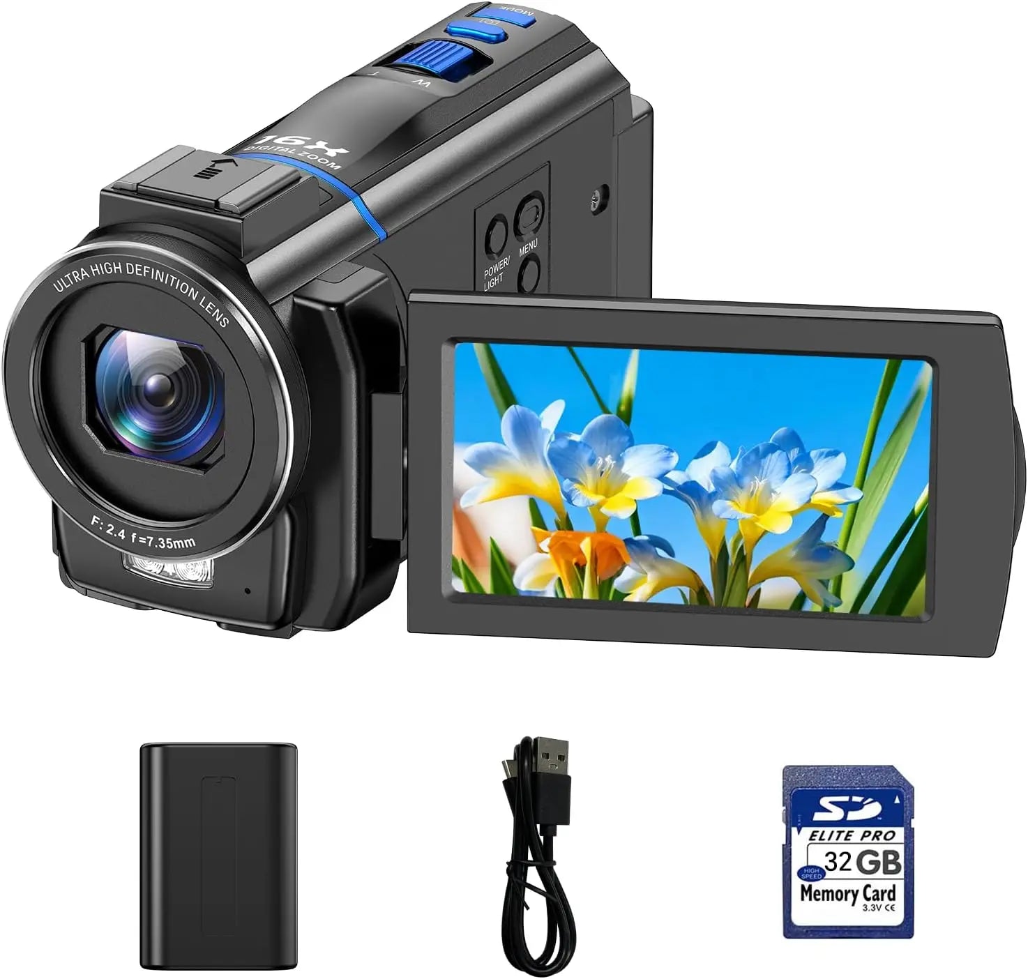 4K 48MP Camcorder Night Vision 16X Zoom, Rotatable Touch Screen