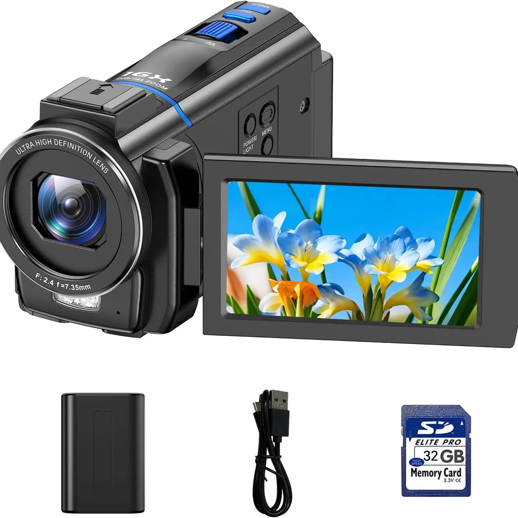 4K 48MP Camcorder Night Vision 16X Zoom, Rotatable Touch Screen
