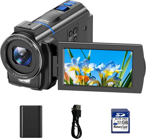 4K 48MP Camcorder Night Vision 16X Zoom, Rotatable Touch Screen