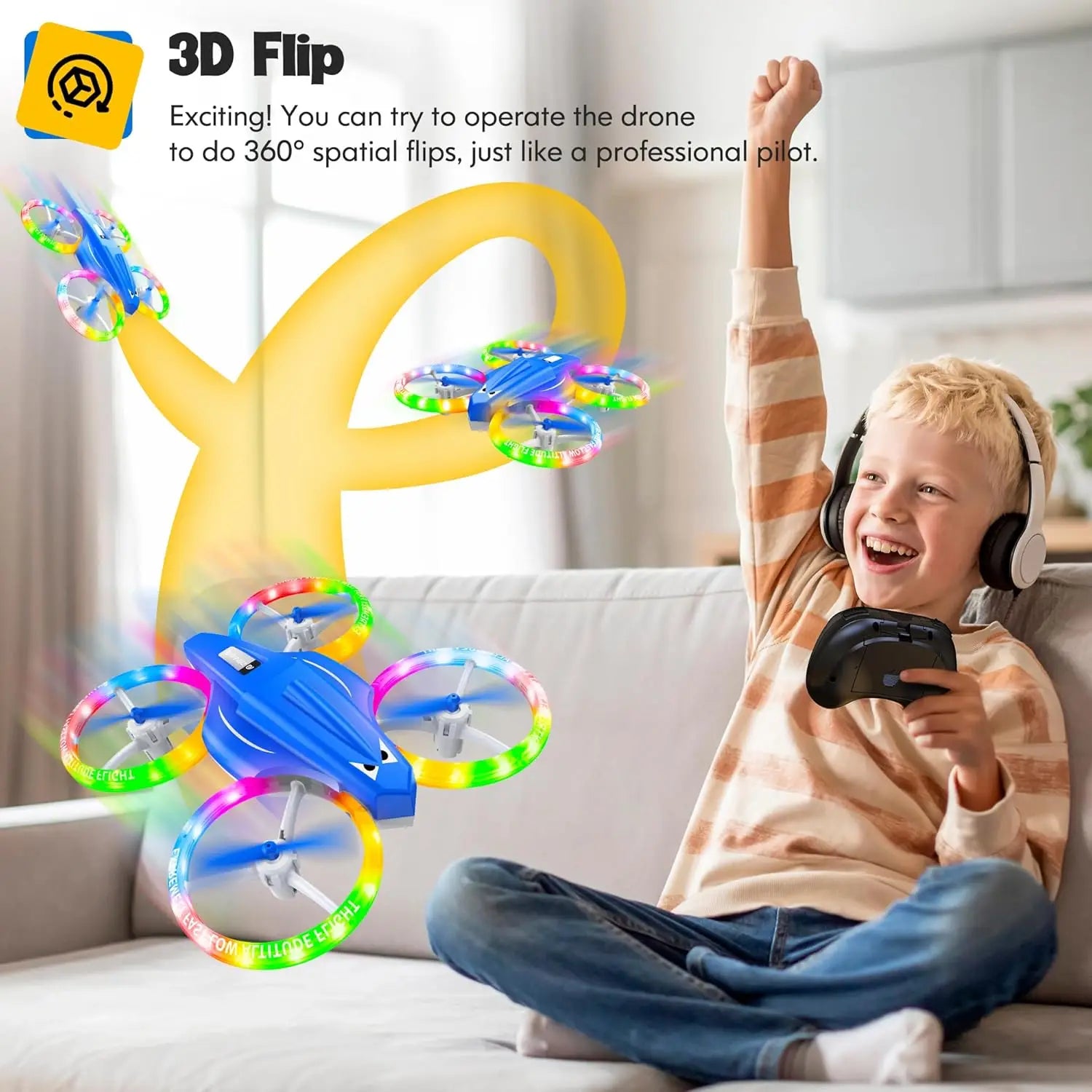 Kids Drone with Cool Lights, 3D Flips Easy Indoor Flying for Beginners