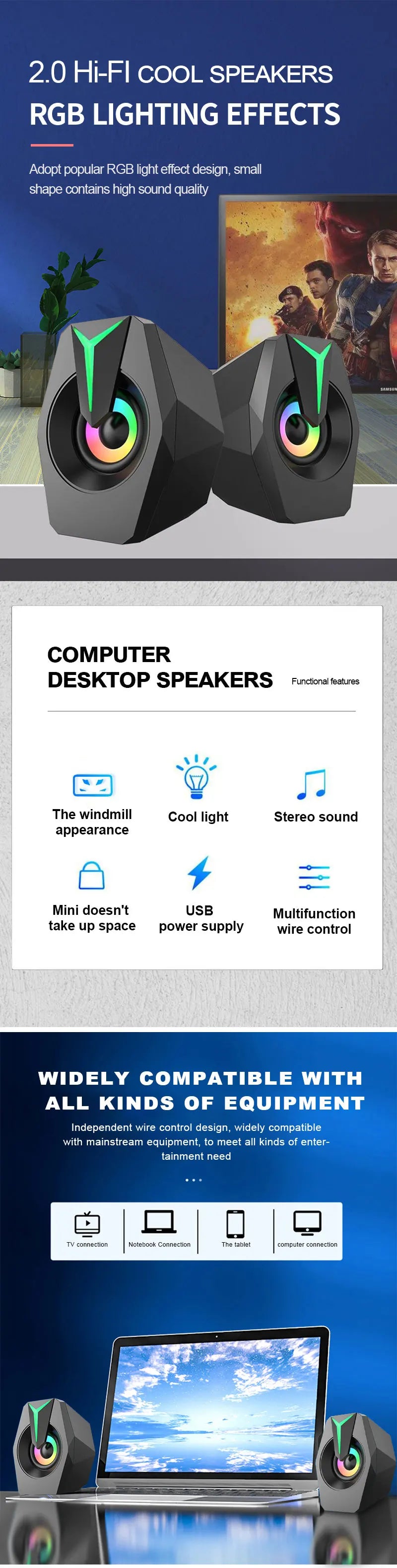 Black Mini USB Powered Wired 2.0 Gaming Music Speaker