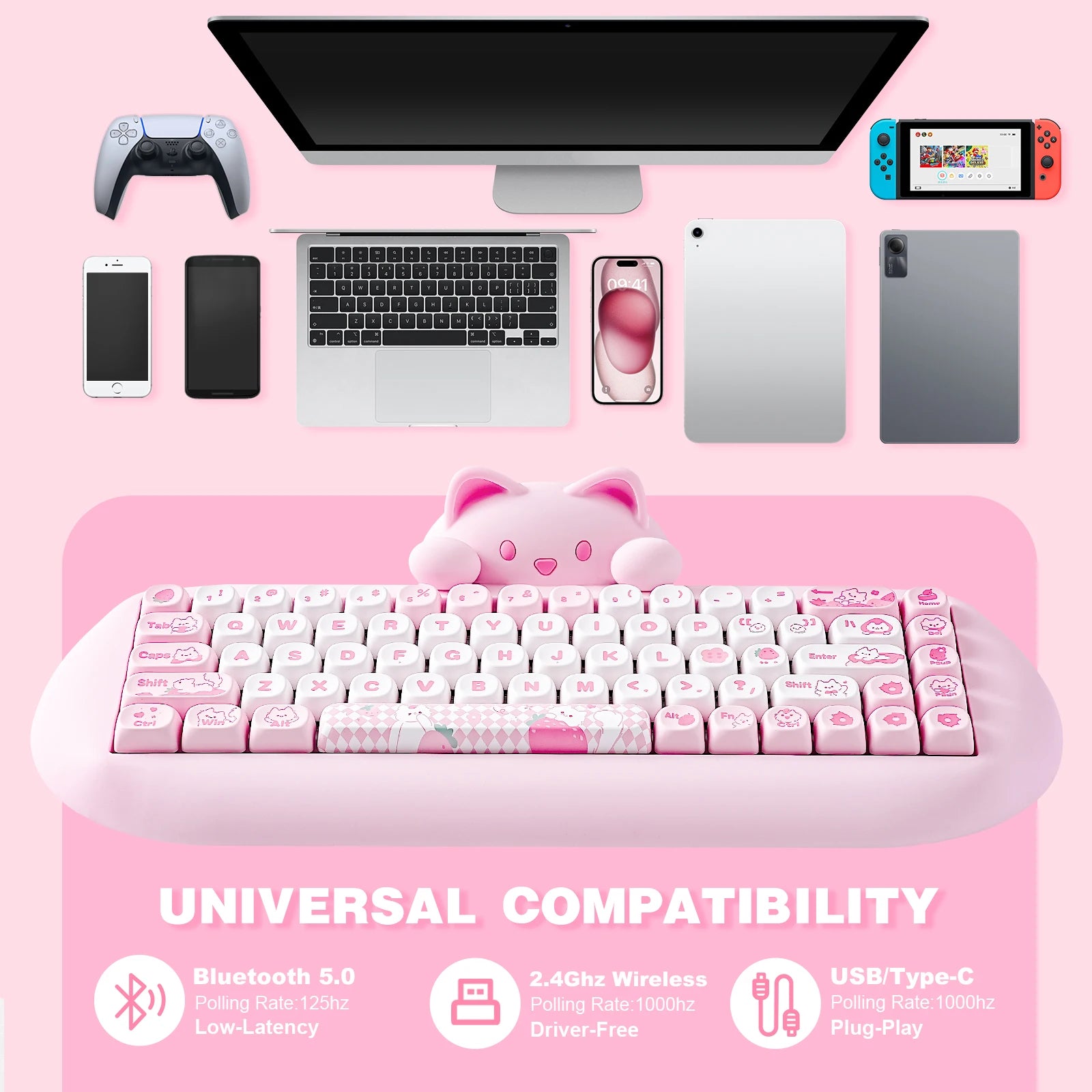 Wireless Gaming Keyboard Hi-Fi Cute Cat Custom RGB Keyboard