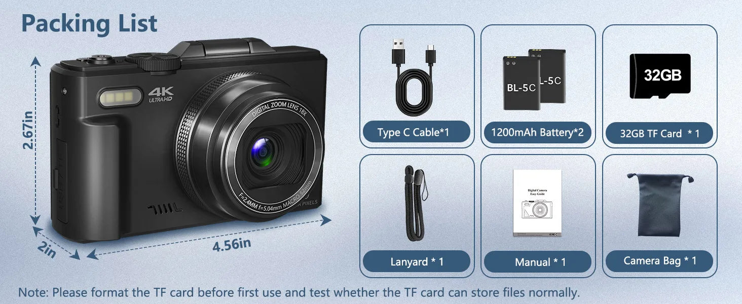 4K compact digital photography camera, 18x zoom video recorder