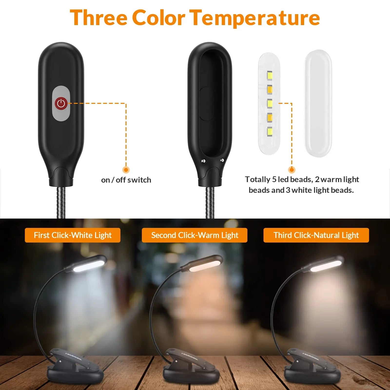 Clip On Reading Light with 5 LED Eye Care - 3 Color Modes