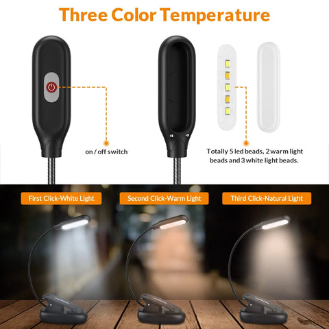 Clip On Reading Light with 5 LED Eye Care - 3 Color Modes