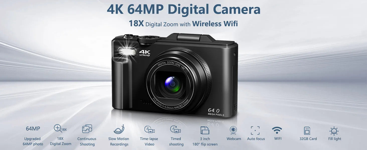 4K compact digital photography camera, 18x zoom video recorder