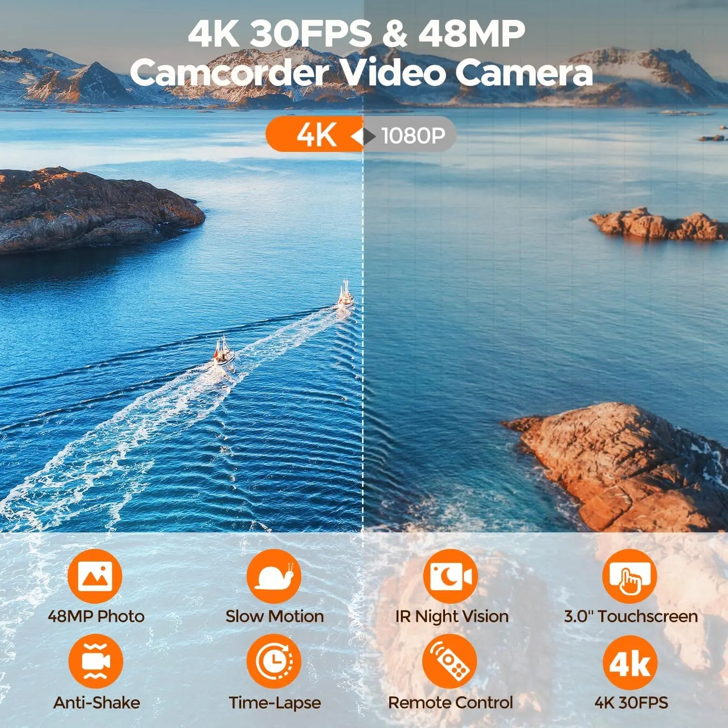 4K 48MP Camcorder Night Vision 16X Zoom, Rotatable Touch Screen