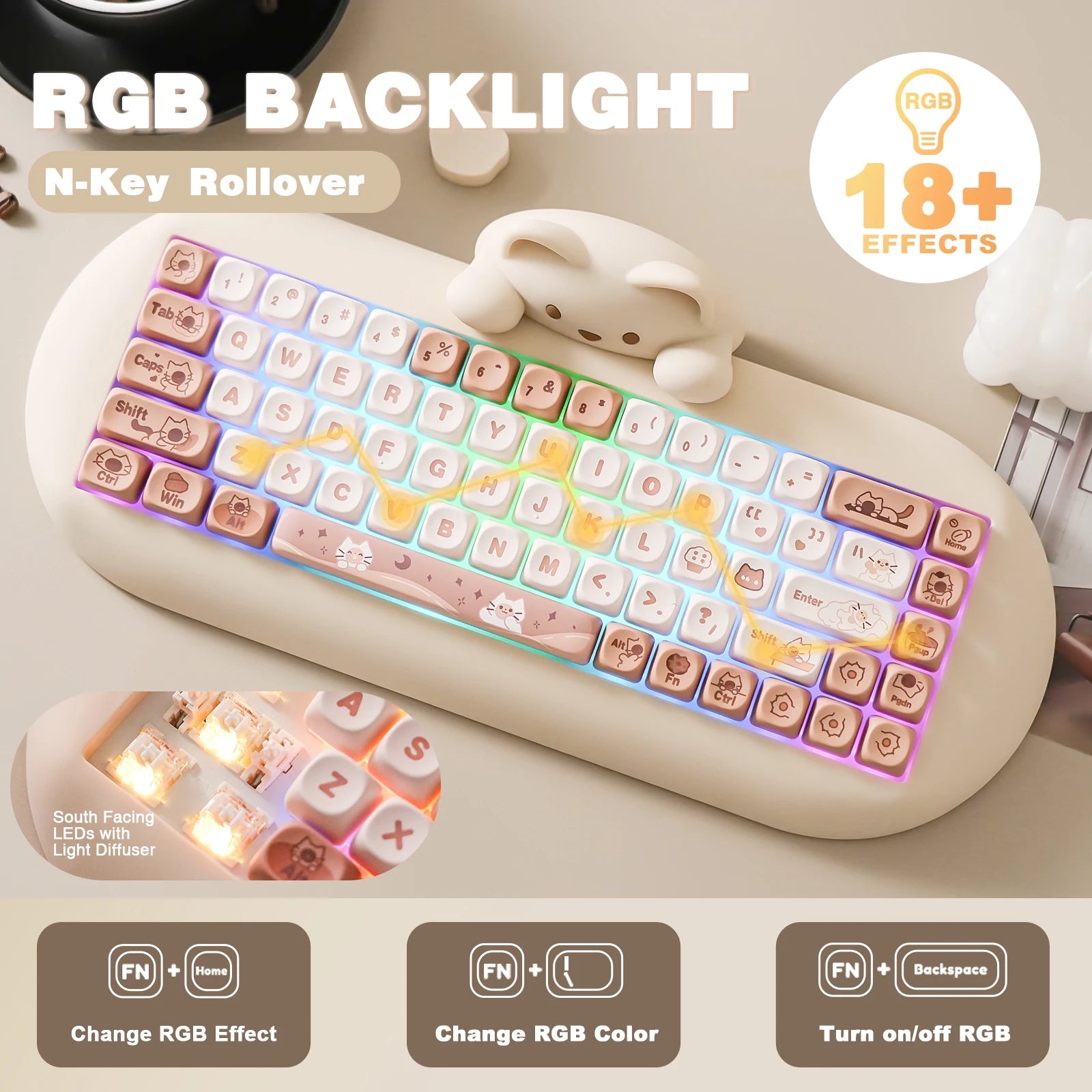 Wireless Gaming Keyboard Hi-Fi Cute Cat Custom RGB Keyboard